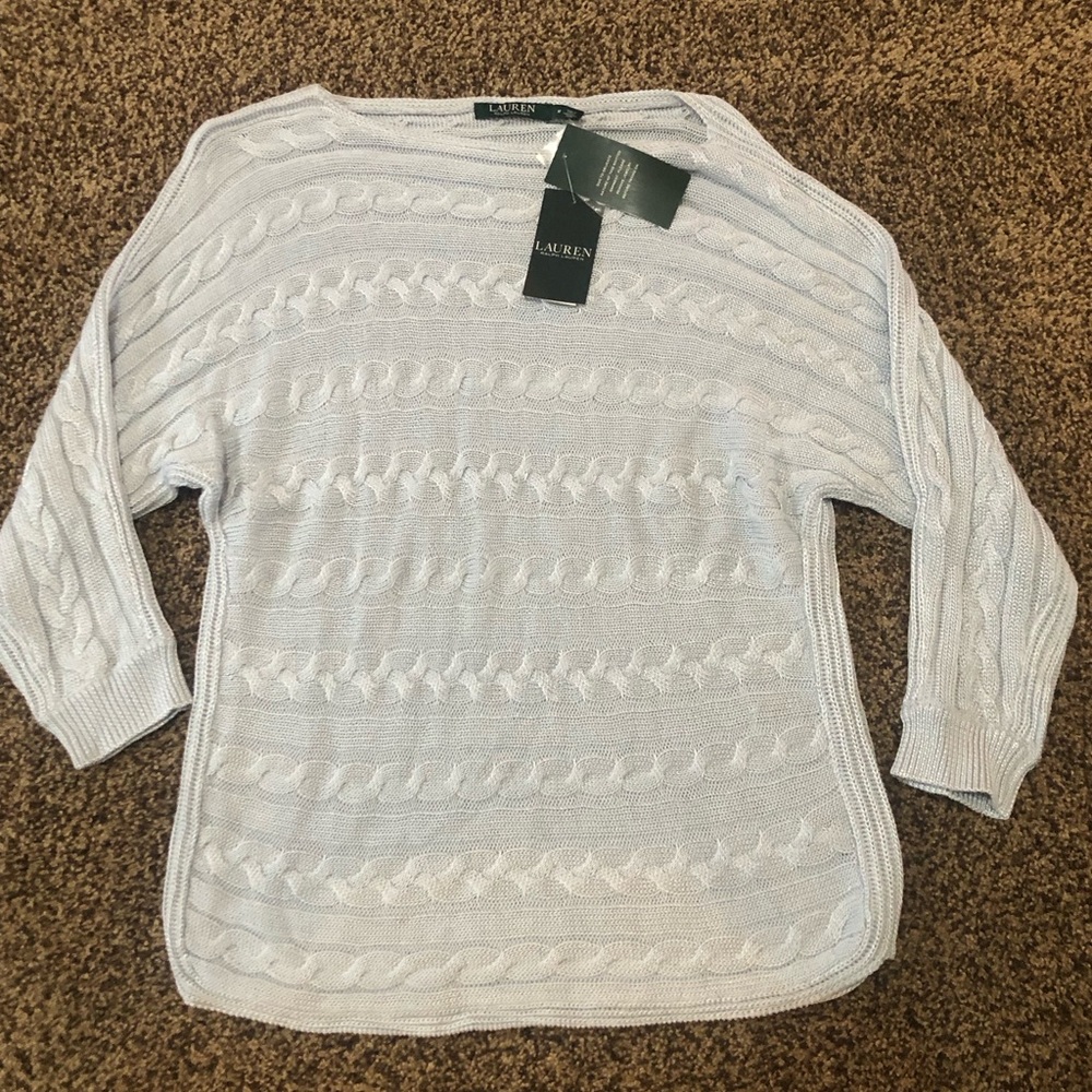 Ralph Lauren Metallic Light Blue Whimsy Sparkle Cable Knit Sweater Sz M New - Picture 1 of 5
